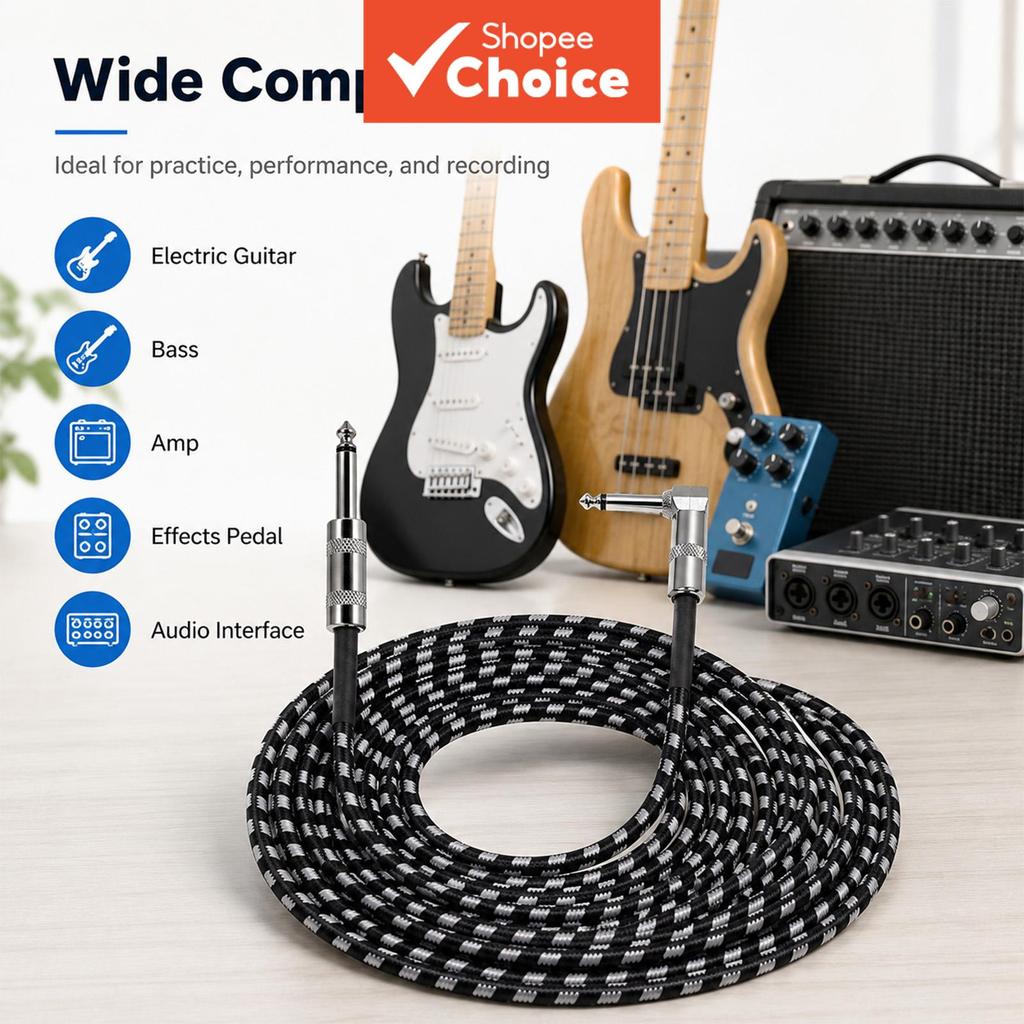 TOILEUM Cabo de guitarra trançado 6,35 mm TS, cabo de áudio para instrumentos musicais OFC com redução de ruído para
