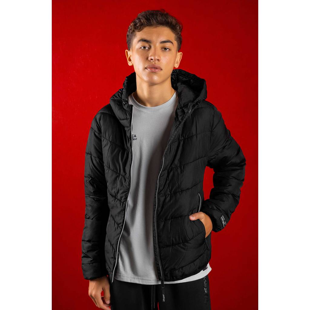 Jaqueta Juvenil Menino Matelassê Com Capuz Beats Preto