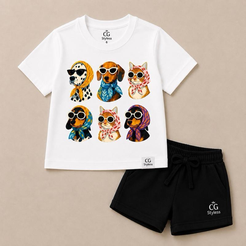 Conjunto Infantil Menina Camiseta Estampada Pets Fashion + Short Preto Moletinho | Look Moderno, Fofo e Confortável