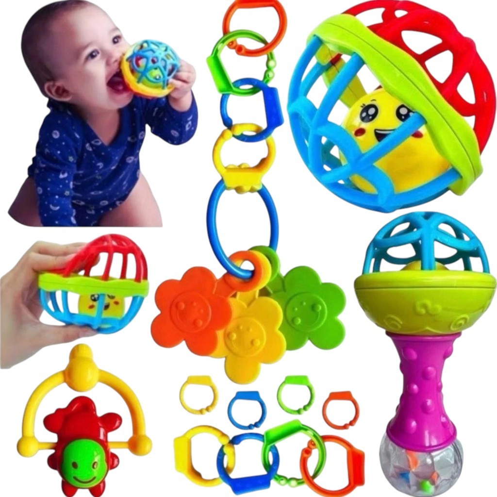 KIT Chocalho Interativo para Bebê Mordedor Colorido Educativo Infantil Brinquedo