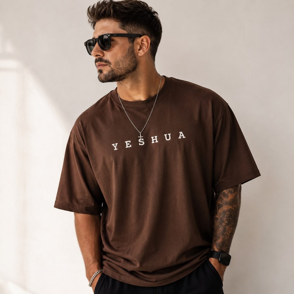 Camiseta Oversized Masculina Marrom 100% Algodão Estampada Camisa Casual Manga Curta Moderna Confortável