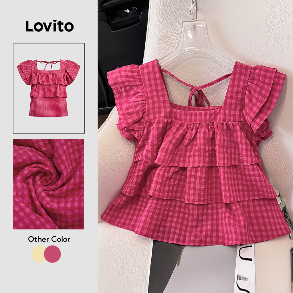 Lovito Casual Blusa Com Camadas E Amarração Nas Costas Blusa Vermelha Rosa Para 