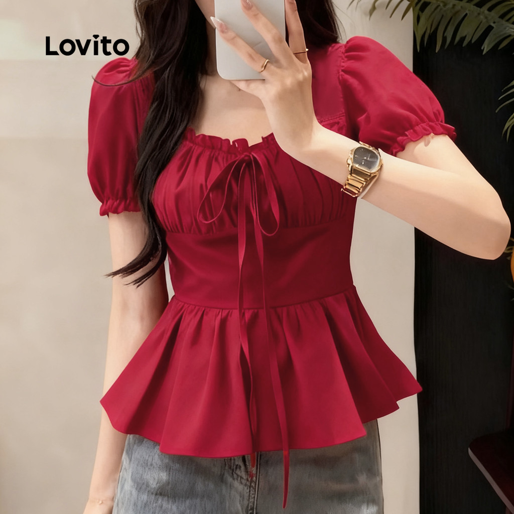 Lovito Casual Blusa com Acabamento em Alface Amarre Na Frente Primavera/verão Blusa vermelha L158ED1152 · foto 2