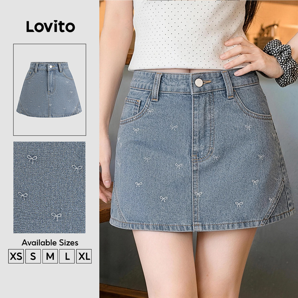 Lovito Casual Shorts Jeans Falso 2 Em 1 Botão Primavera/verão Shorts Jeans Azul