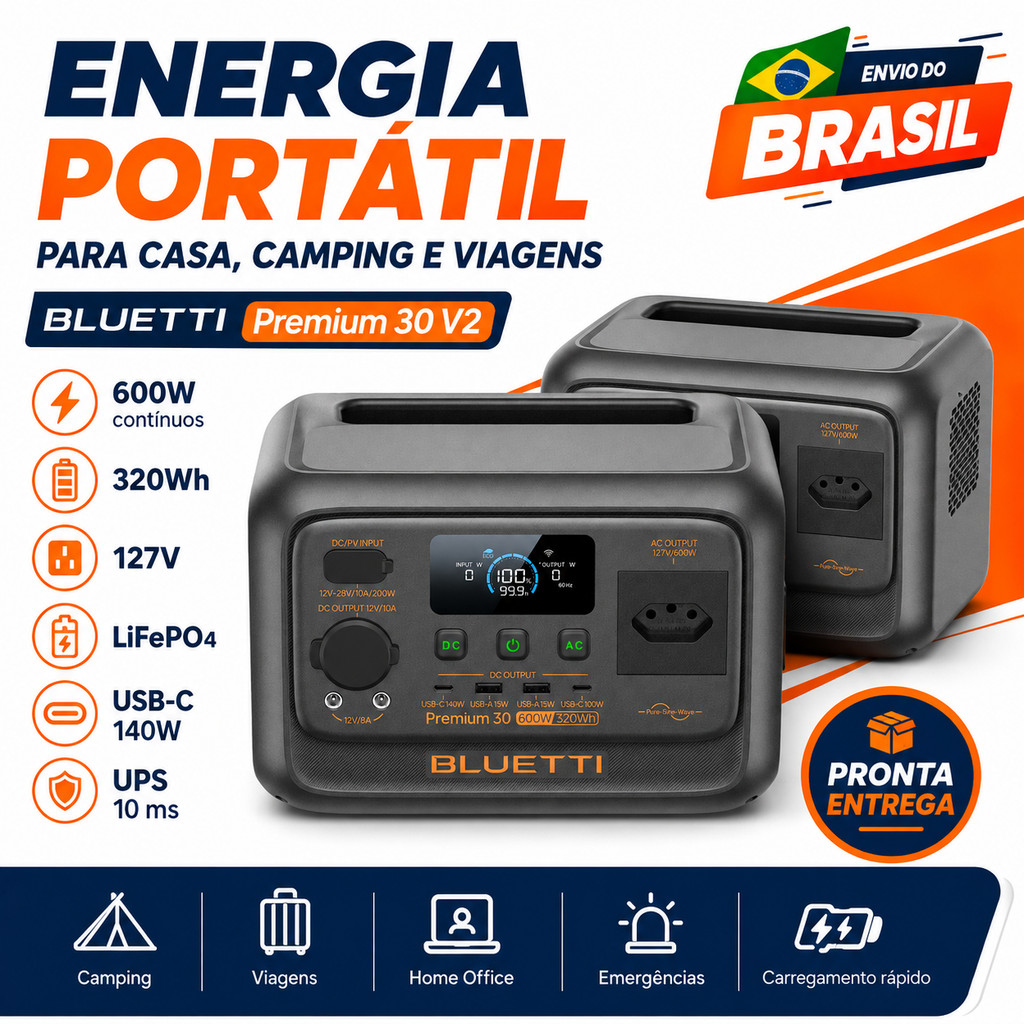 BLUETTI Premium 30 V2 Estação de Energia Portátil 600W 320Wh 110V/220V LiFePO4 UPS Gerador Solar