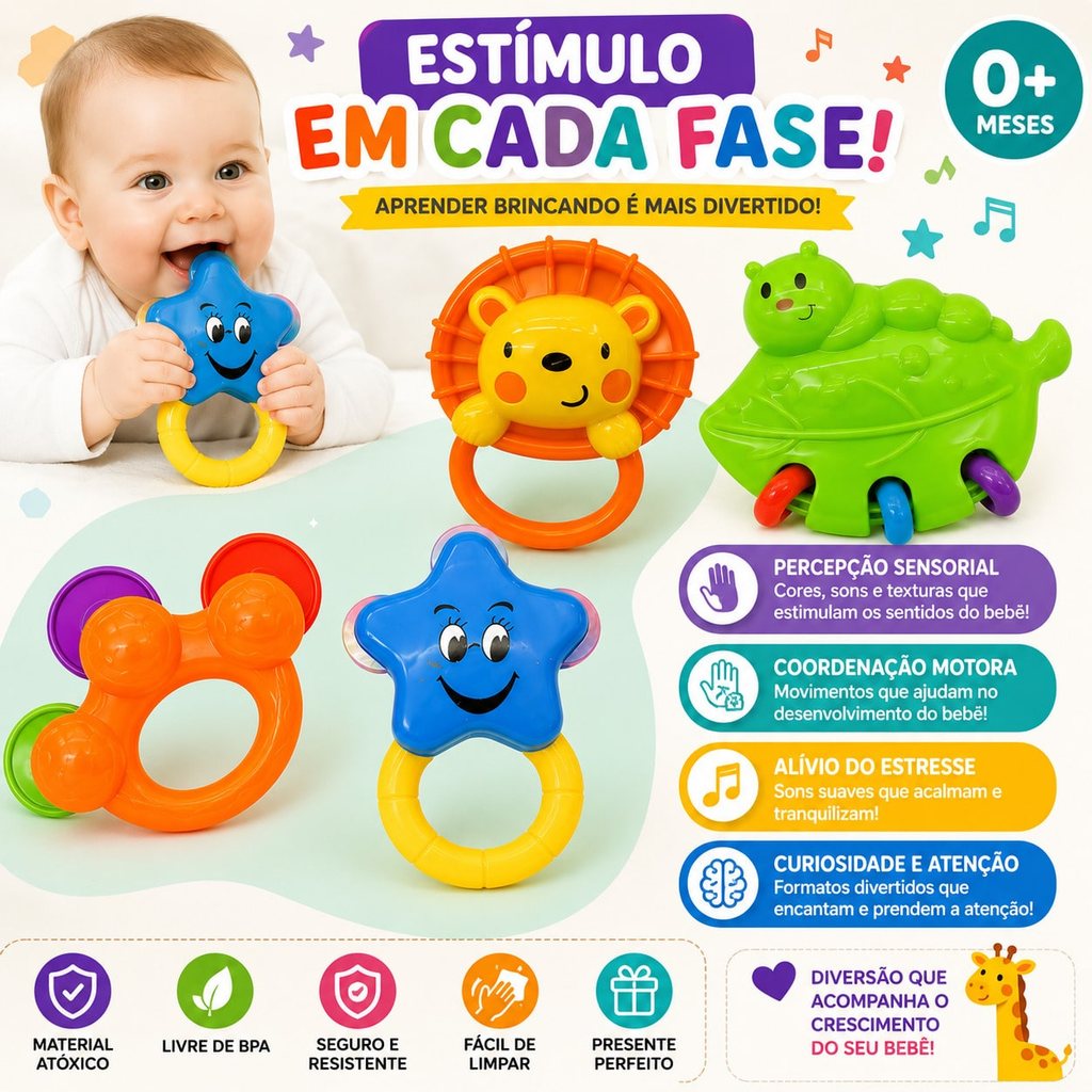 Kit 4 Chocalhos Infantil Colorido Mordedor Sensorial para Bebês