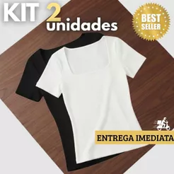 Kit 2 Camiseta Blusa Feminina Básica Gola Quadrada Suplex Zero Transparência Premium Casual Dia a Dia