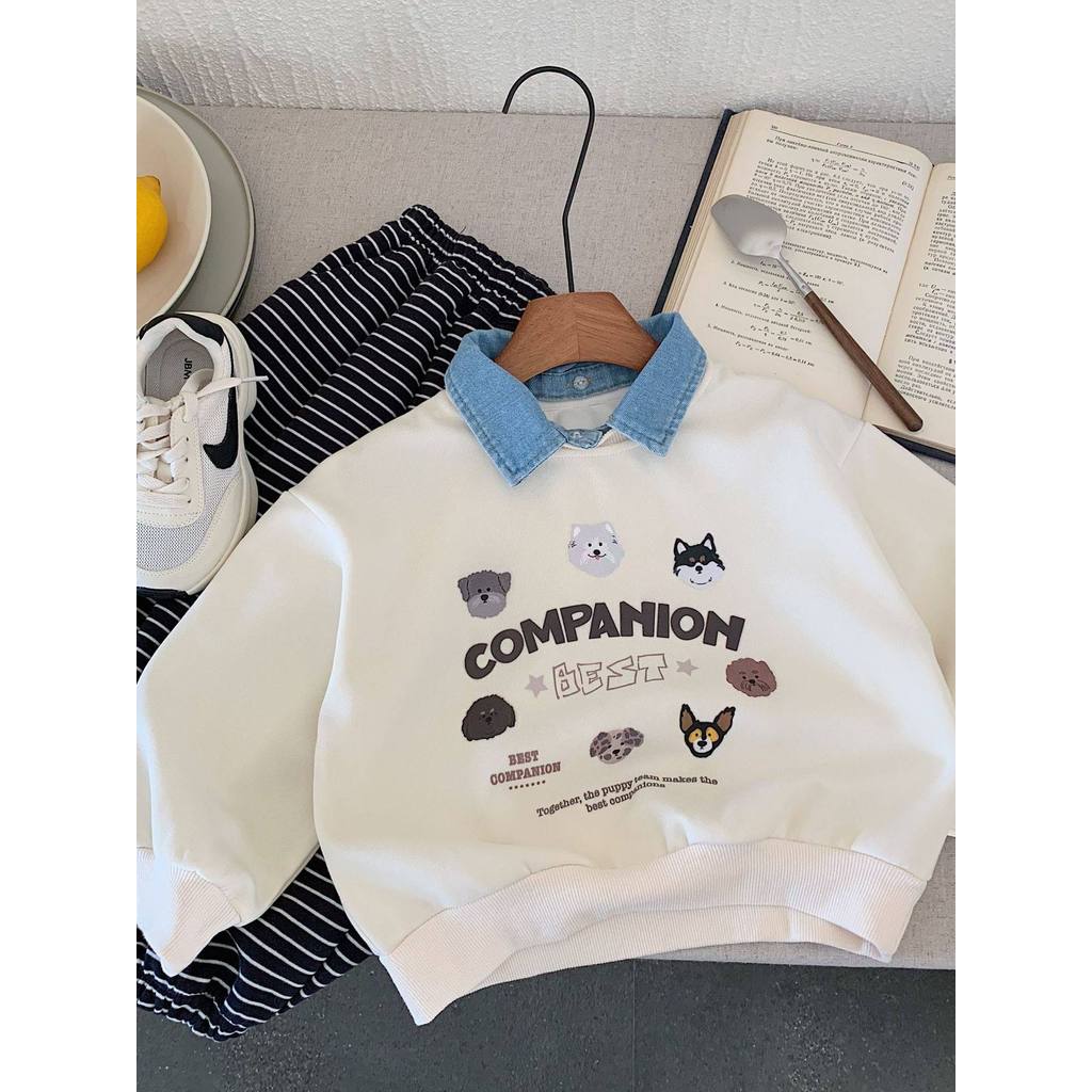 Estilo coreano bebê Denim costura gola moletom médio pequeno crianças dos desenhos animados filhote de cachorro impressã
