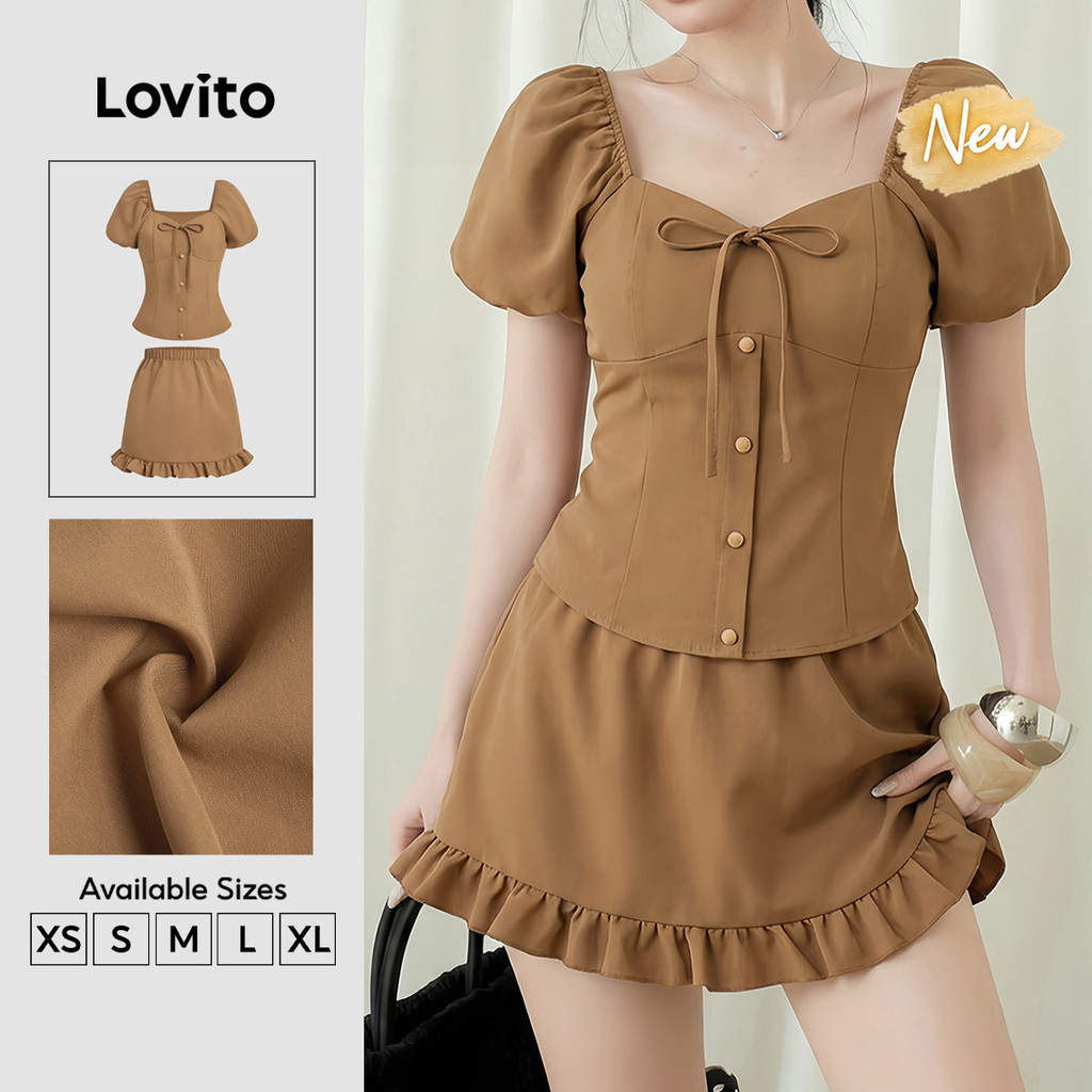 (New Arrival) Lovito Conjunto De Saia Caqui Com Botão E Barra Com Babado Para Primavera E Verão Para Mulher KSB201P1D220