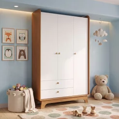 Guarda-Roupa Infantil 3 Portas e 2 Gavetas Encanto 200cm Marrom Canela/Branco Canela/Branco