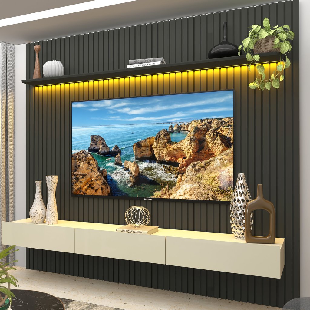 Rack com Painel para TV até 90 Polegadas 100% MDF Ripado com LED e 3 Gavetas 250CMX228,8cm Nobre Cinza Grafite/Off