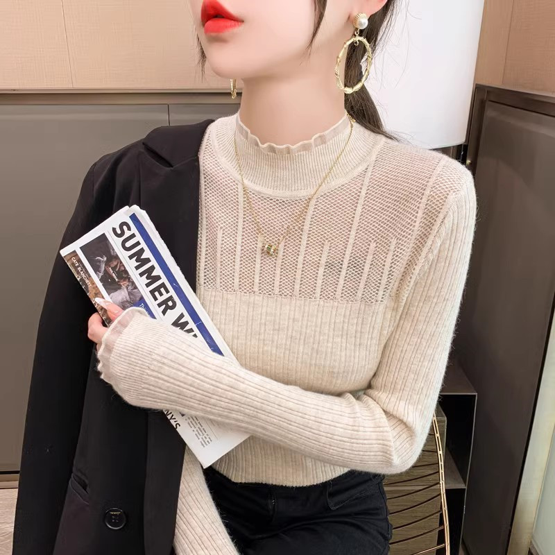 Mulheres primavera outono 2026 novo estilo moda estilo ocidental renda All-Match malhas pulôver camisola interior topo