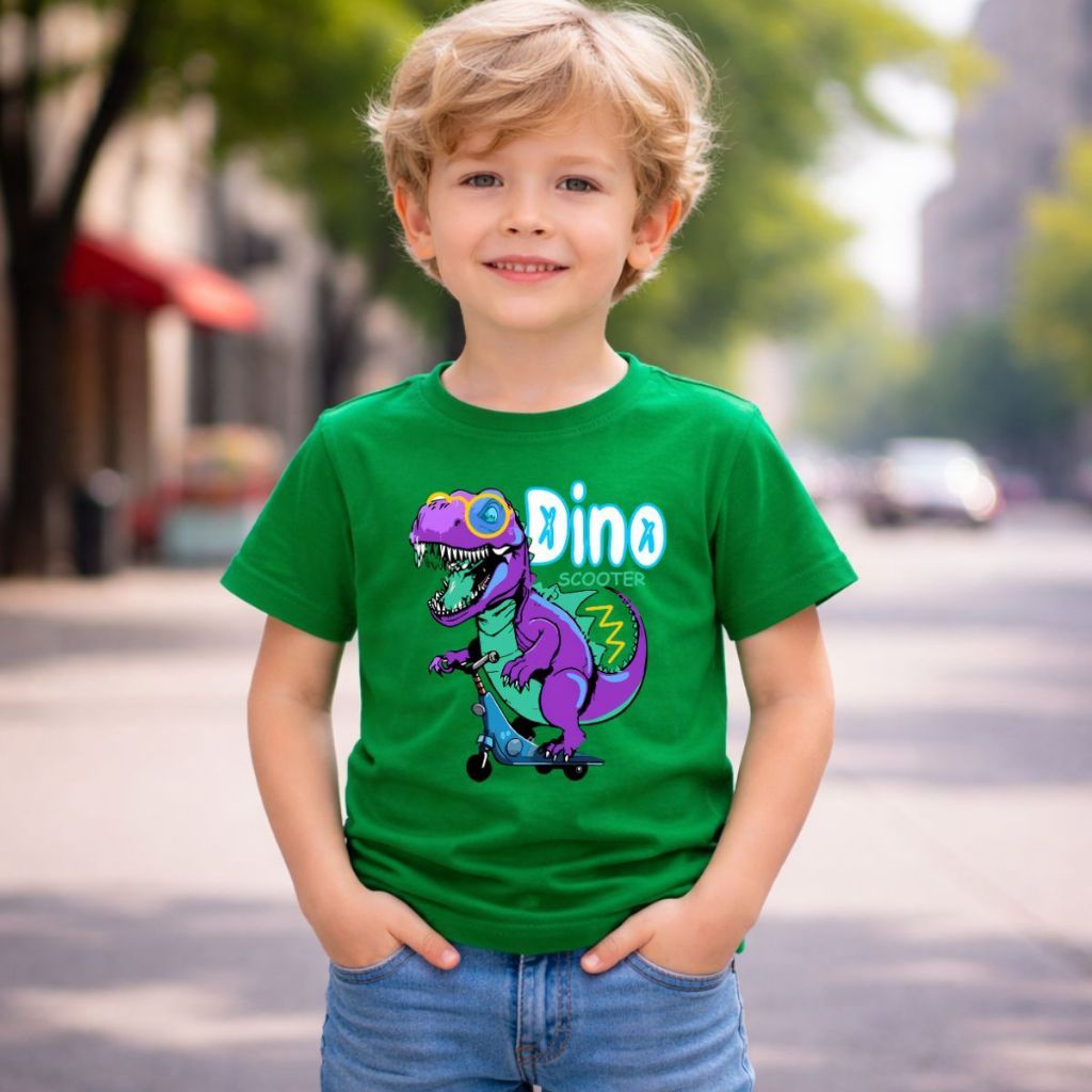 Camiseta Dinossauro Infantil T-Rex de Patinete Estampa Radical Divertida Roupa Menino Moda Kids Aventura