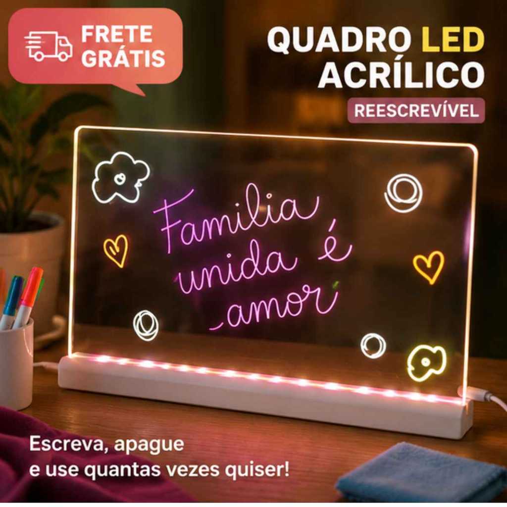 Lousa Mágica Infantil Led 30x20cm Com 7 Canetas Coloridas Quadro Acrílico Para Desenhar Recados E Luminária