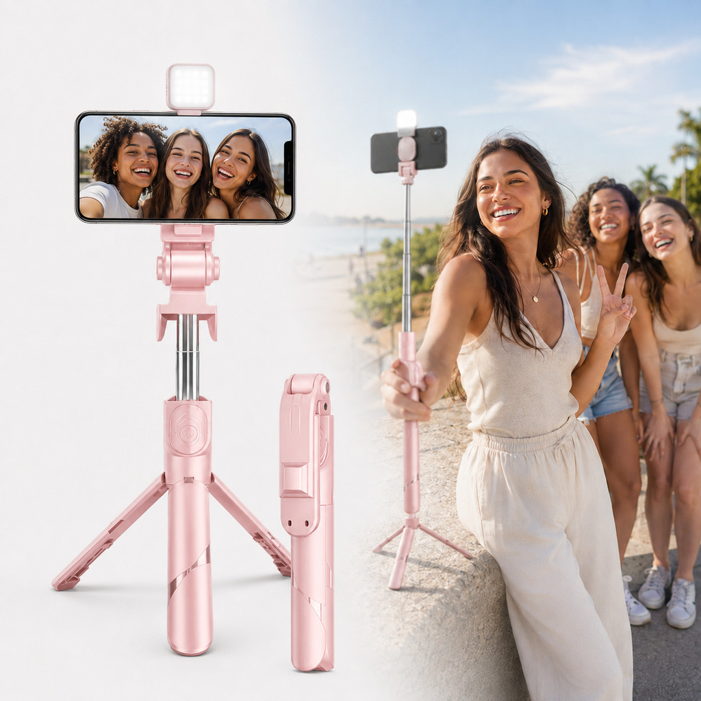 Bastão de Selfie Tripé para Celular Telescópico Retrátil com Luz LED Controle Remoto Bluetooth Pau de Selfie SEL-6823