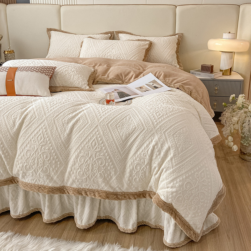 Grosso 5kg inverno conjunto de quatro peças leite veludo dupla face esculpida veludo flanela cama saia inverno quente du