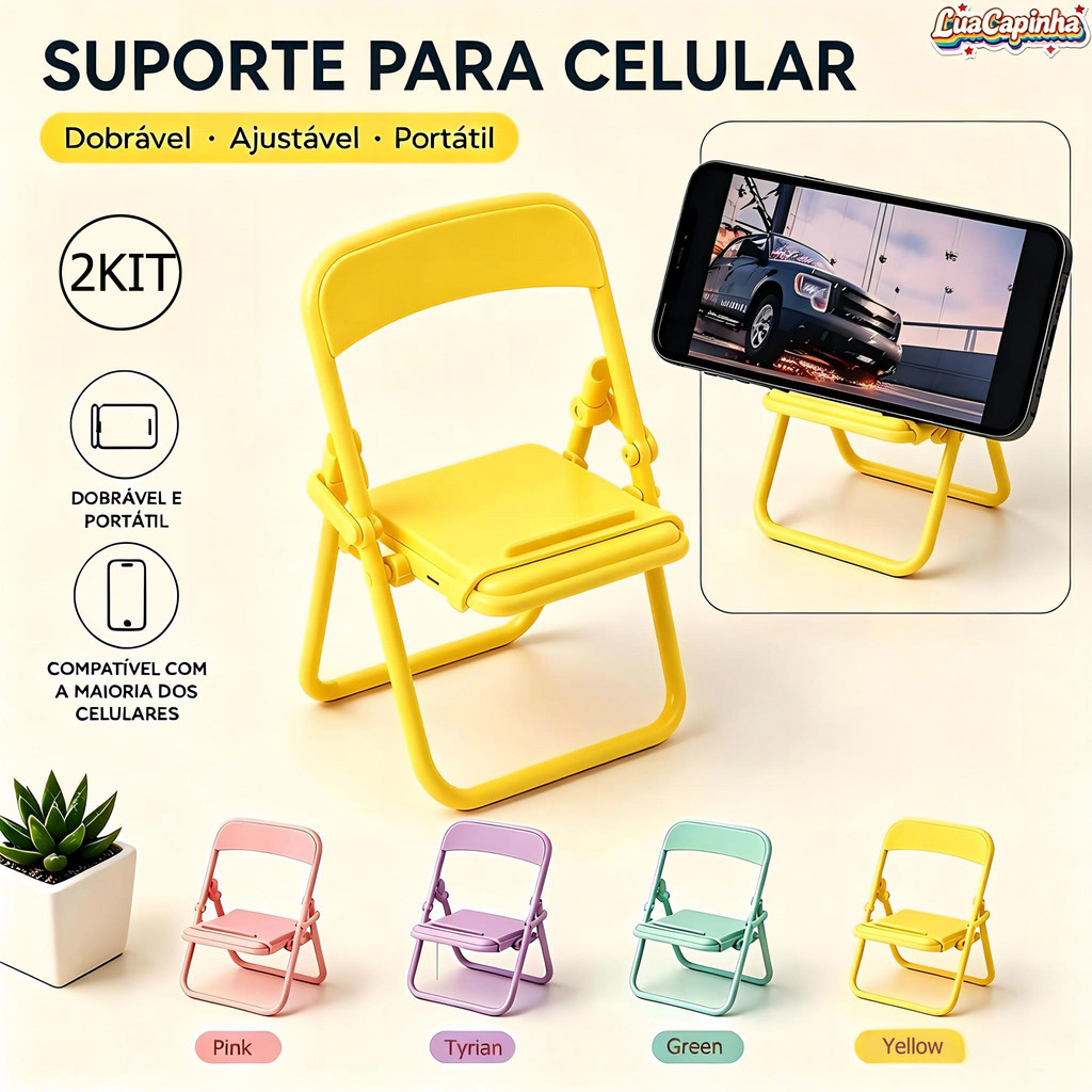 Kit 2 Unidades Suporte de Celular Mini Cadeirinha Dobrável Ajustável Portátil Para Smartphone Varias Cores ZJ003*2