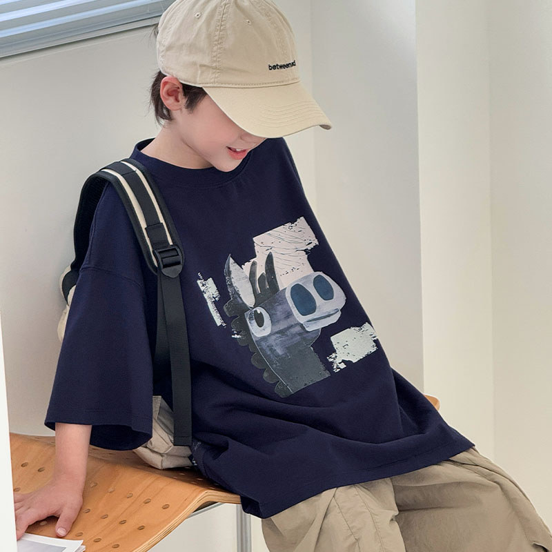 Meninos único impresso camiseta de manga curta 2025 novo estilo médio grande crianças moda versão coreana meninos bonito