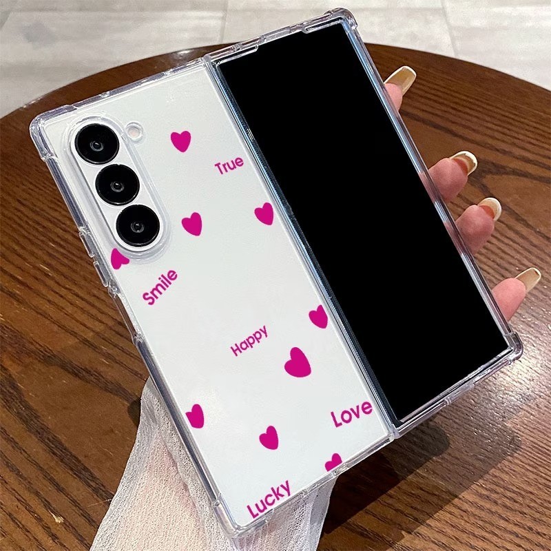 Case Capinnha Para Z Fold 5/6/7/8 / Z Fold 8 Ultra Case Transparente  coraçao rosa lucky  Acrílica Protetor