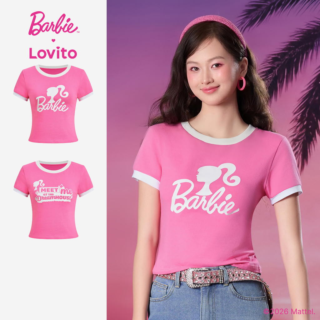 Barbie™ X Lovito Camiseta Casual Feminina Primavera/Verão Rosa Manga Curta Gola Redonda E Bloco De Cor LBL5AD002