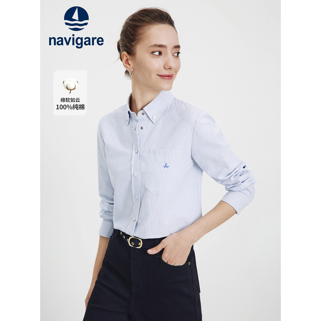 Navigare italiano pequena vela Casual algodão camisa de manga comprida senhoras 2026 outono novo estilo camisa listrada
