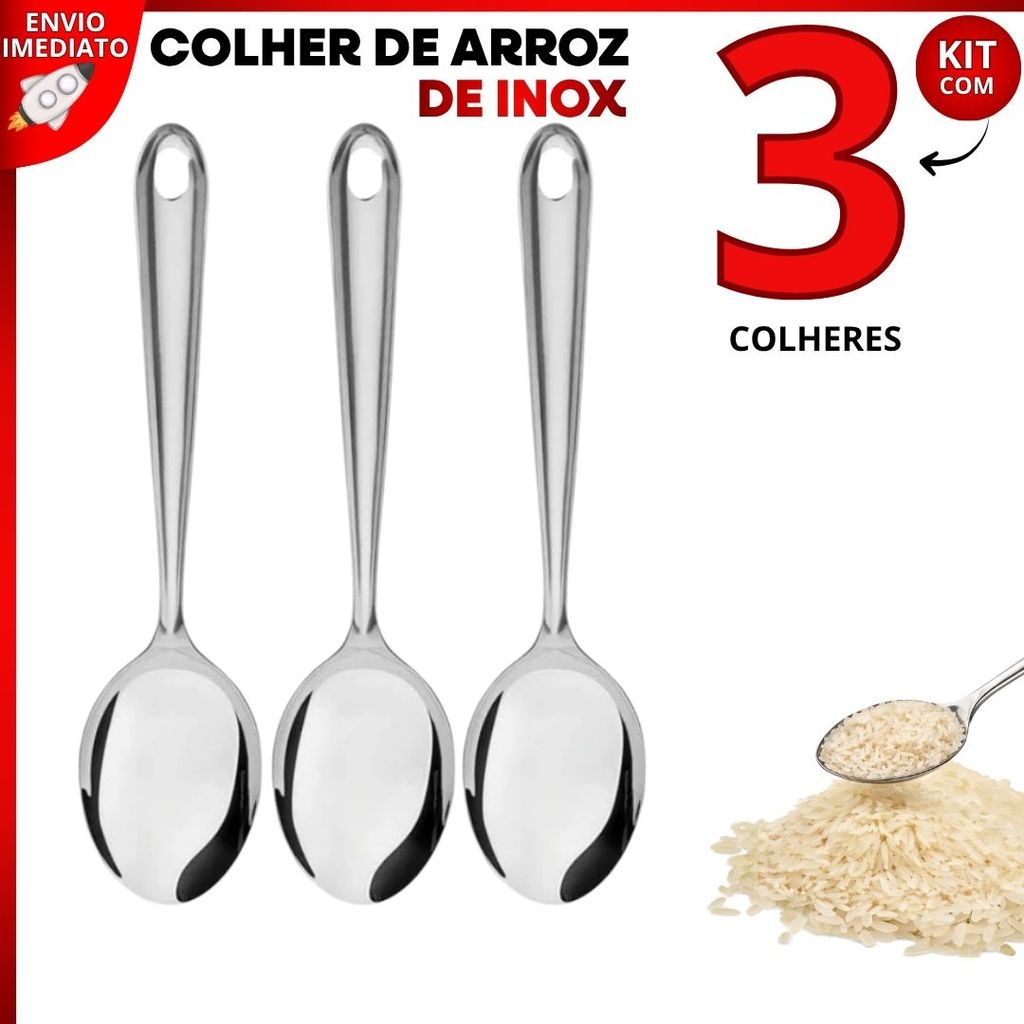 Kit 3 Colher de Arroz 100% Inox 25,2cm Resistente para Servir Alimentos Cozinha Restaurante Buffet