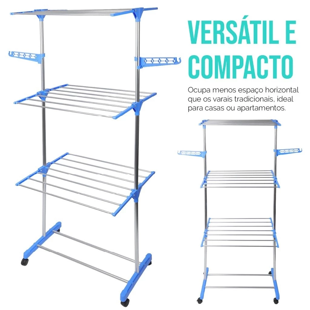 Varal De Roupa Dobrável Torre 3 Andares Com Rodas Aço Inox Vertical Azul Umbrella — imagem 1