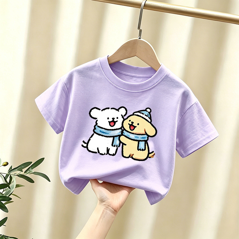 Meninas verão novo estilo bonito puro algodão de manga curta camiseta crianças linha filhote de cachorro moda estilo fin