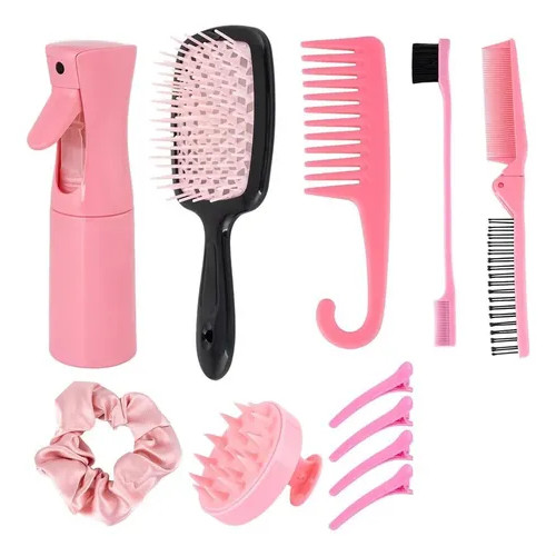 Kit de Cuidados Capilares Completo Rosa 10 Peças Escova