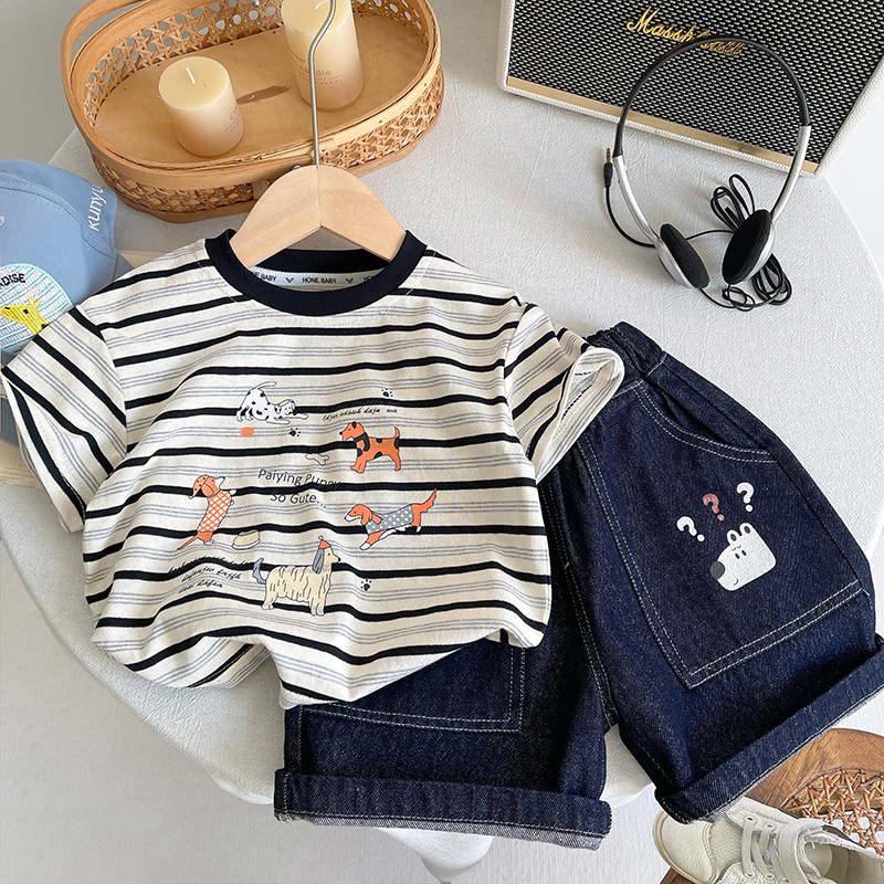 Bebê verão novo produto crianças listrado dos desenhos animados terno verão menino filhote de cachorro impresso camiseta