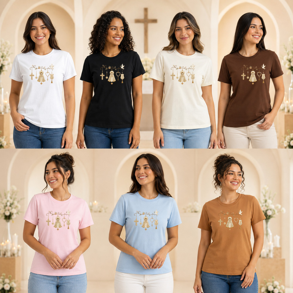 Camiseta Feminina Blusa Nossa Senhora Aparecida – 100% Algodão, Estampa Católica Dourada e Confortável Envio Rapido