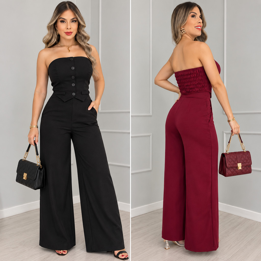 Conjunto Alfaiataria Cropped Tomara que Caia Social Elegante Calça Pantalona Blusa Elástico Lastex Botão Verão Moda