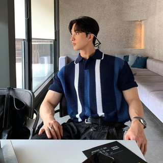 2026 Novo estilo de verão na moda suéter camiseta listrada Casual Top masculino