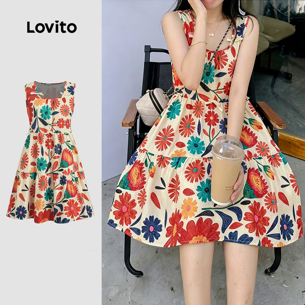 Lovito Vestido Boho com Flores Estilo Resort e Lazer Vestido de Primavera/verão para Mulheres L199ED478