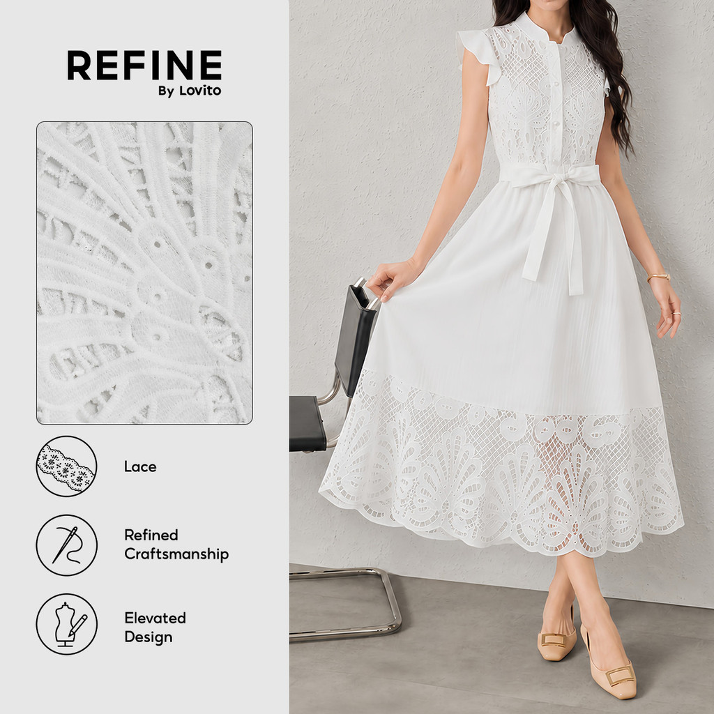 (Refine by Lovito) Renda Vestido Branco Casual para Mulheres com Bordado de Ilhó Plissado e Cinto primavera/verão Trabalho LR38E009