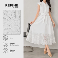 (Refine by Lovito) Renda Vestido Branco Casual para Mulheres com Bordado de Ilhó Plissado e Cinto primavera/verão Trabalho LR38E009