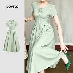 Lovito Vestido Social Elegante Estrutura Recorte Plissado Cadarço Verde De Para Mulheres Bordado DRB198P1D292