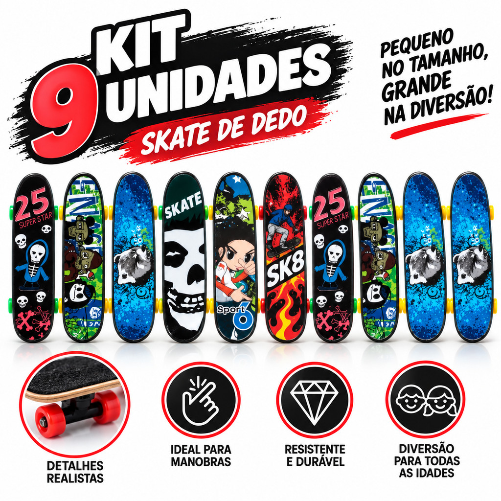 Conjunto 9 Fingerboard Skate de Dedo Mini Skate Infantil Brinquedo Manobras