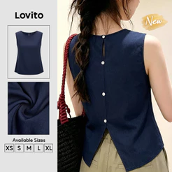 (New Arrival) Lovito Elegante Top Sem Mangas Gola Redonda Azul Escuro Botão Fenda Traseira Primavera Verão Trabalho Para Mulheres TKB204P1D393