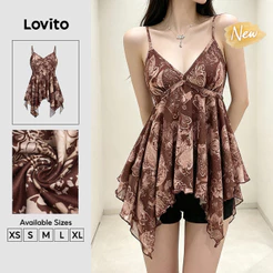 (New Arrival) Lovito Boho Top Sem Mangas Gola V Marrom Estampa Paisley Ombro Frio Alça Ajustável Primavera Verão Férias Para Mulheres TKT204P1D611