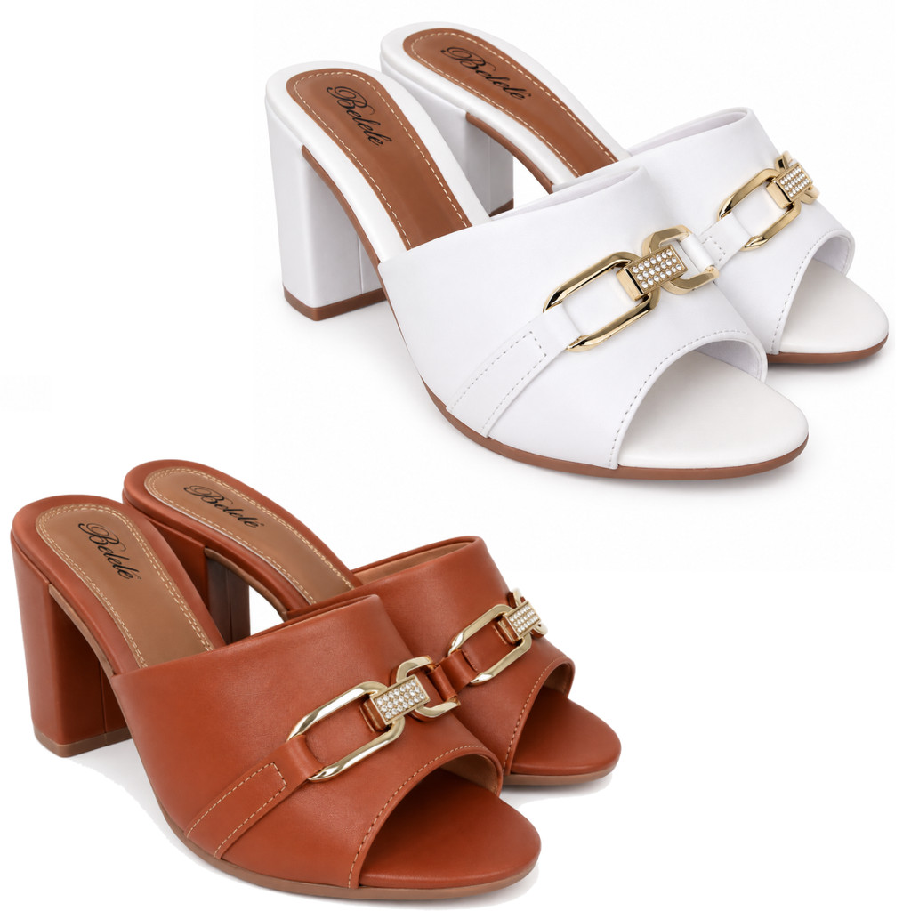 Kit 2 Tamanco Feminino Belelê Fivela Sandália Confortável Salto Alto Elegante Caramelo e Branco