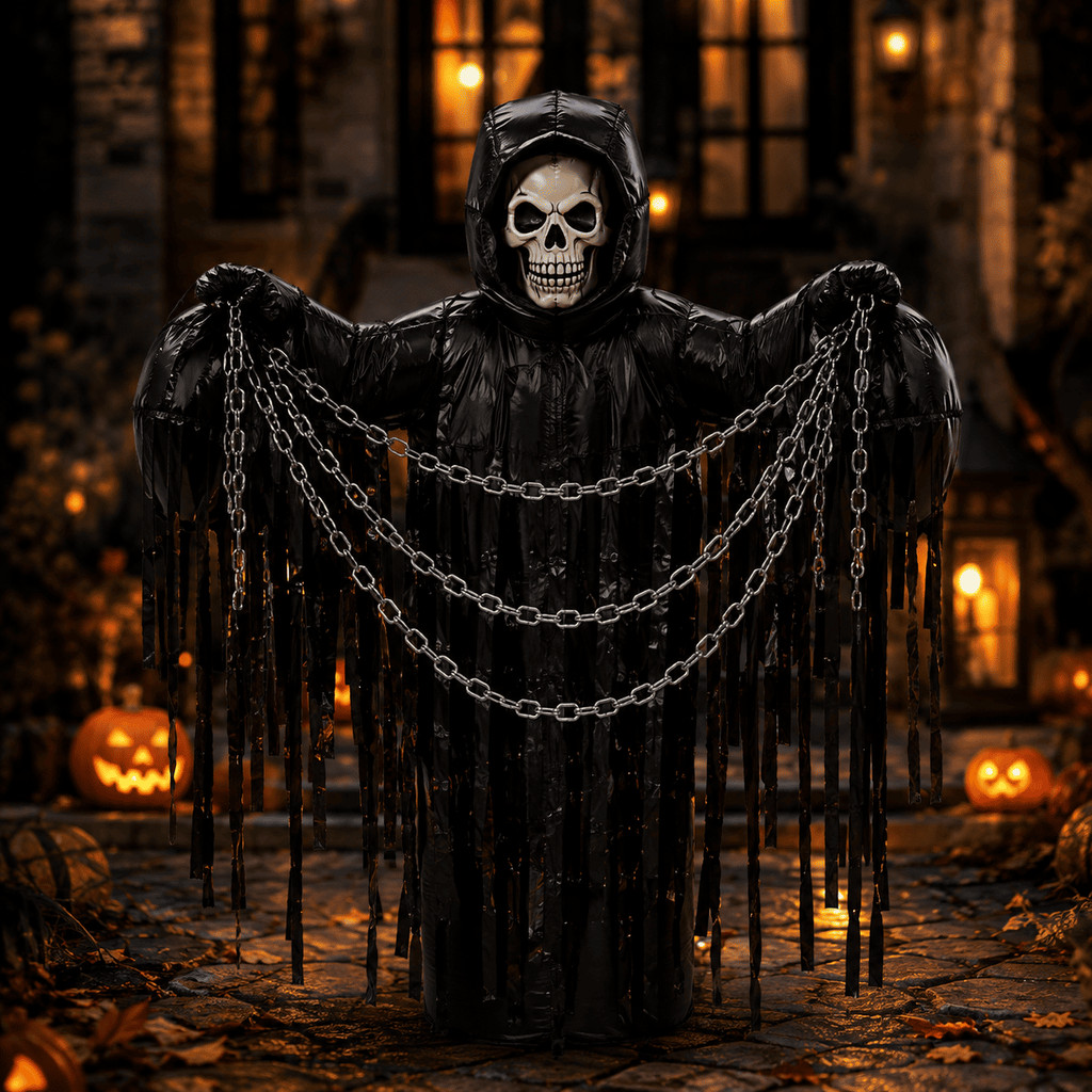 Fantasma Inflável Halloween 150cm – Caveira Shinigami com Correntes Ceifador Decoração Assustadora Festa
