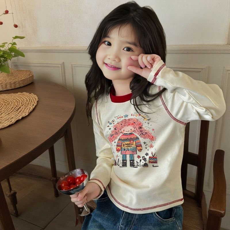 Meninas primavera outono novas crianças algodão bebê manga comprida camiseta dos desenhos animados impresso em torno do 