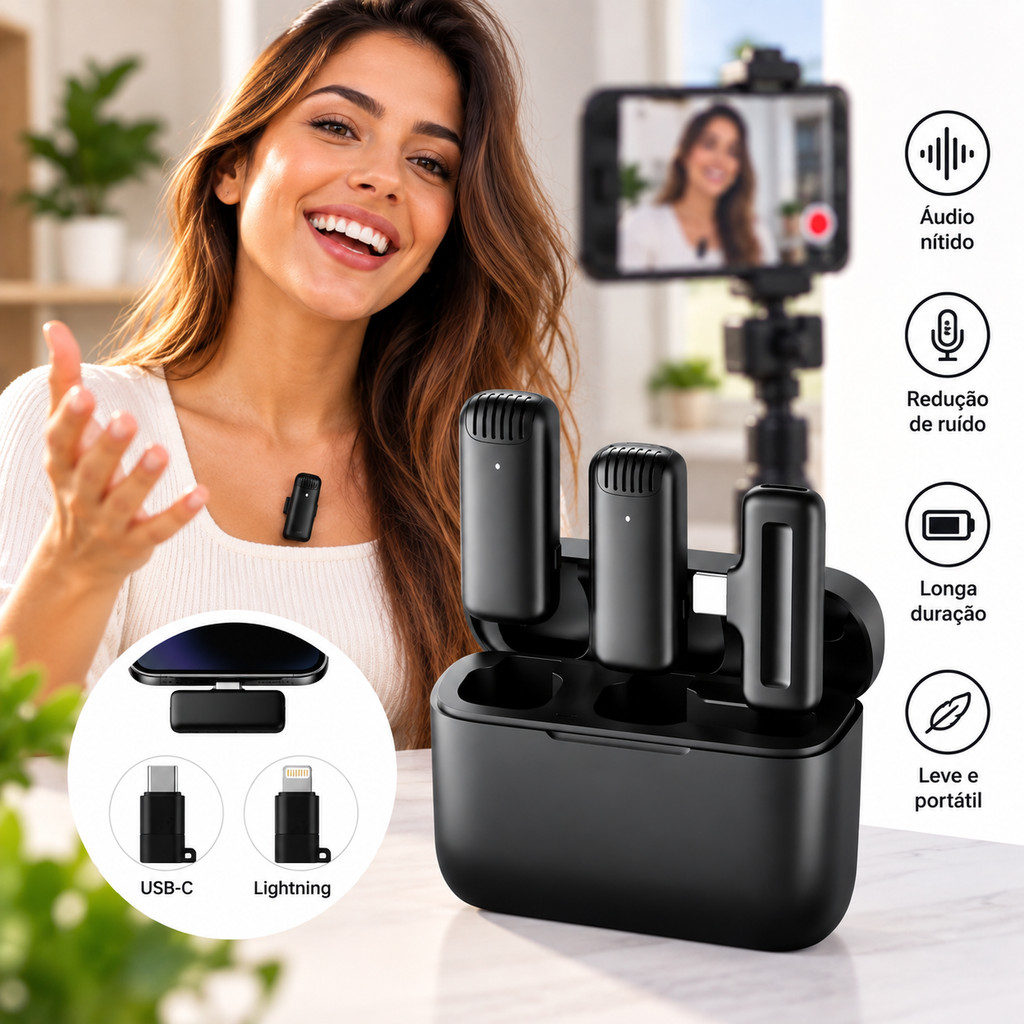 Microfone Sem Fio Duplo ANJ.GG Lapela USB-C Lightning Redução de Ruído