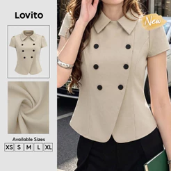 (New Arrival) Lovito Blusa Cáqui Elegante Feminina De Cor Sólida E Lisa Com Manga Curta Gola E Botões Para Trabalho Primavera E Verão BLT204P1D486