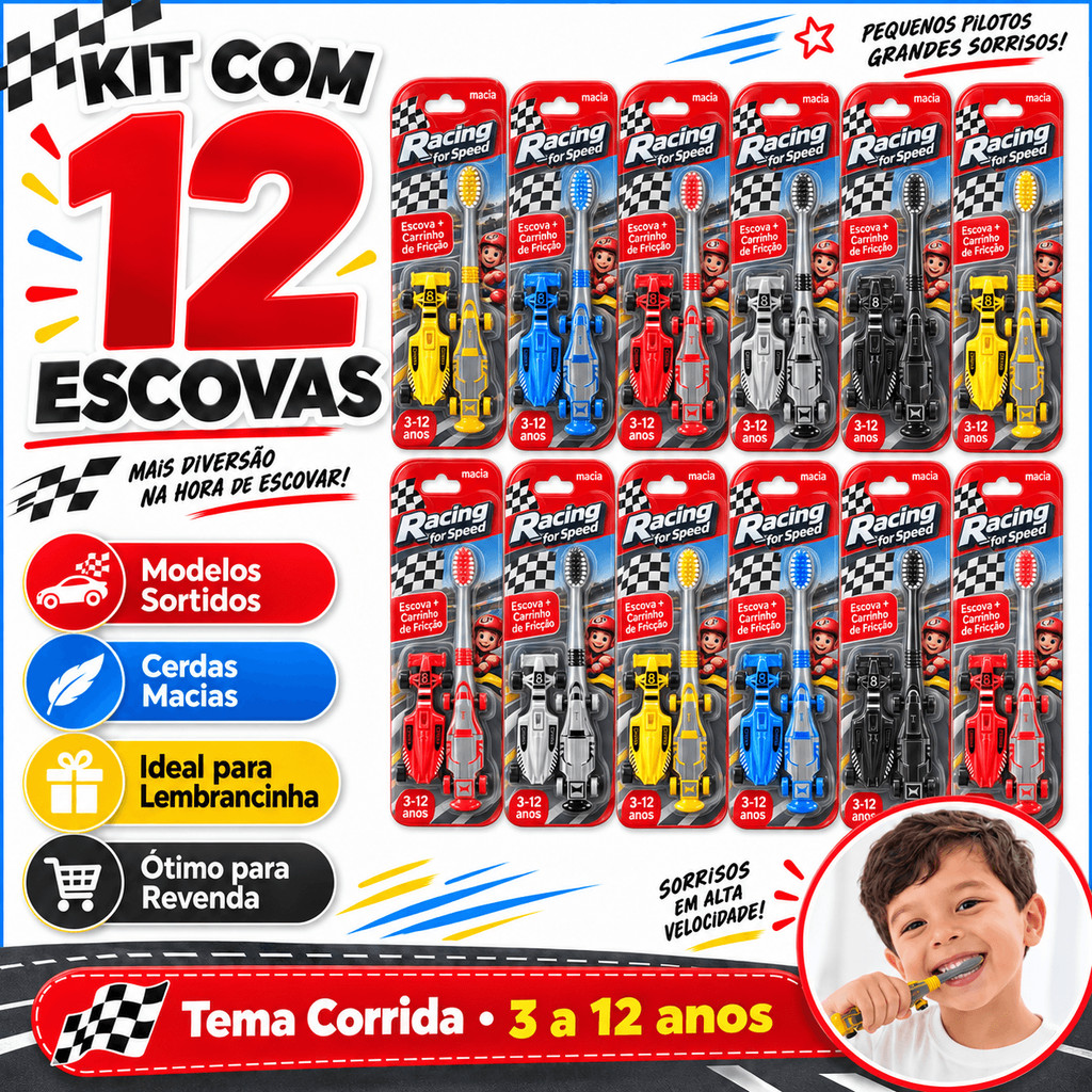 Kit 12 Escovas de Dente Infantil com Carrinho de Fricção Cerdas Macias 3 a 12 Anos