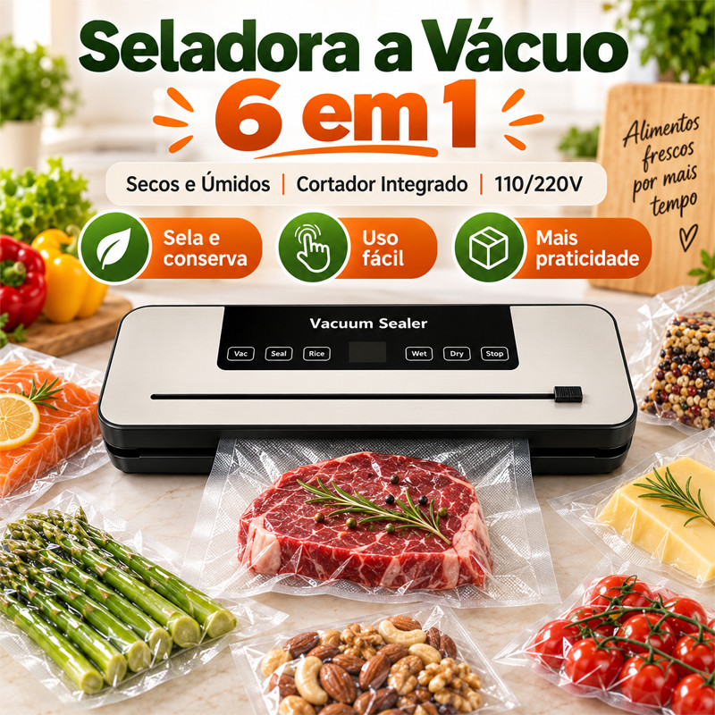 Seladora a Vácuo 6 em 1 Automática Bivolt 110/220V com Cortador Embutido para Alimentos Secos e Úmidos