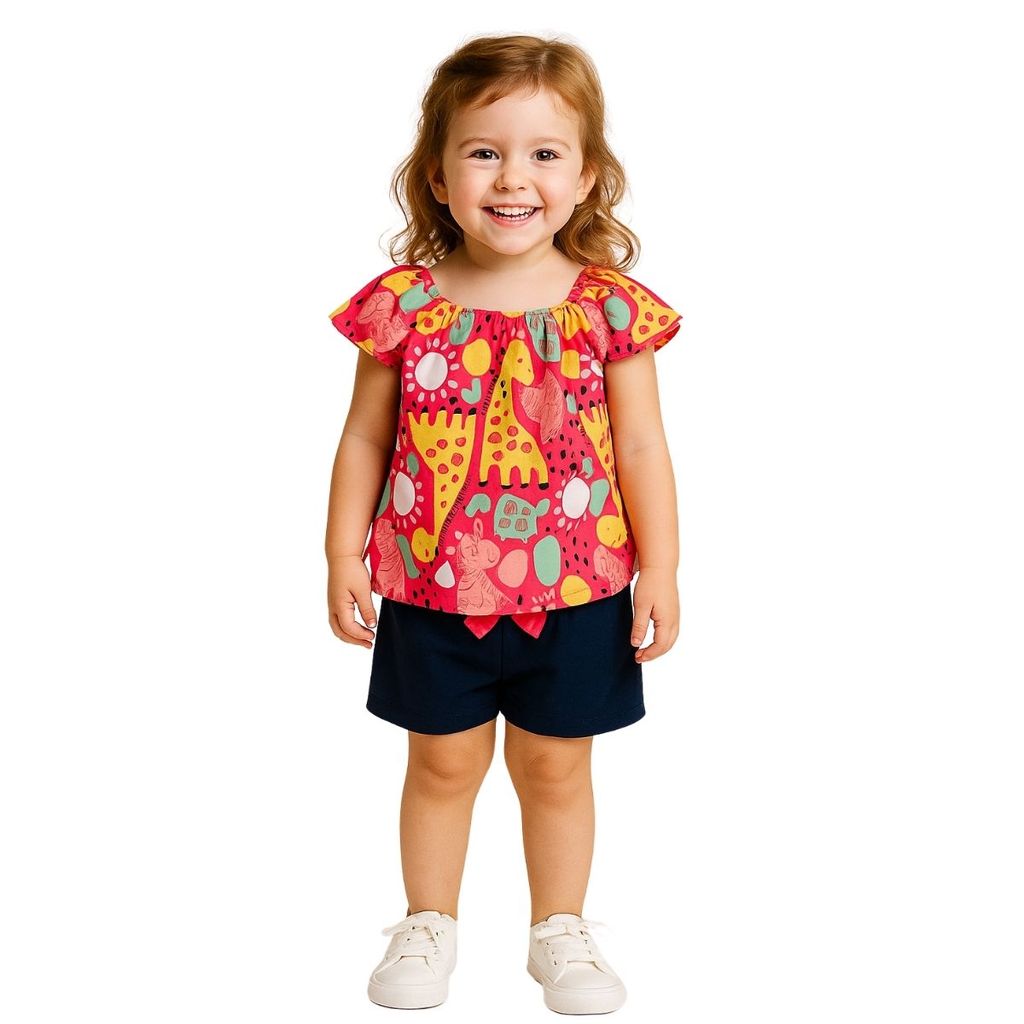 Conjunto Infantil Menina Blusa Rosa Estampada e Short Azul Kyly 1000995