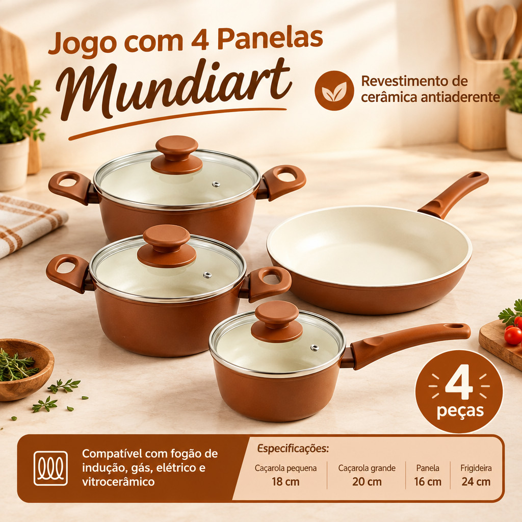 Jogo de Panelas 4 Peças Cerâmica Antiaderente Terracota com Caçarolas Panela e Frigideira