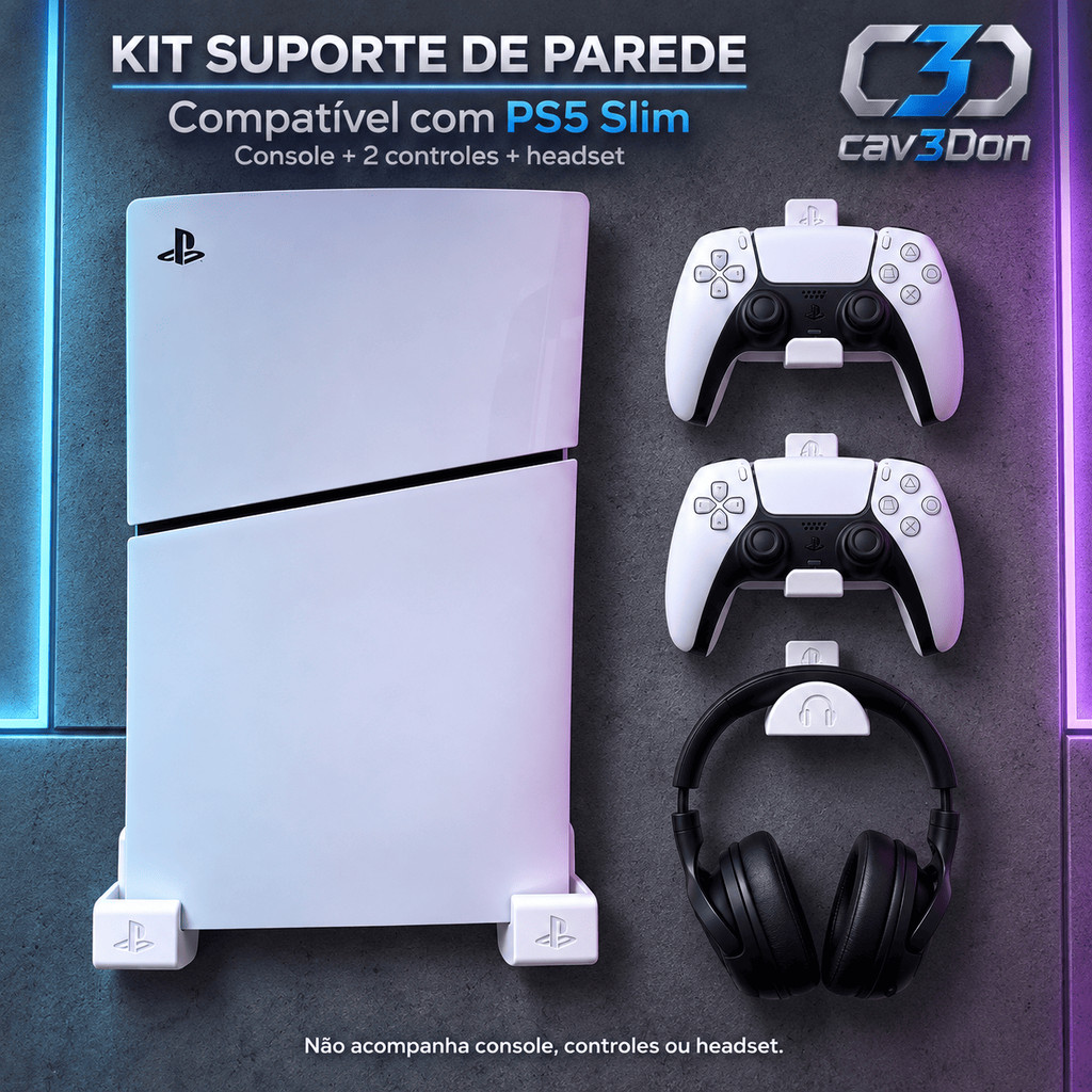 Suporte de Parede PS5 Slim midia digital Kit Completo com 2 Suportes Controle  + Suporte Headset + Bucha e Parafuso